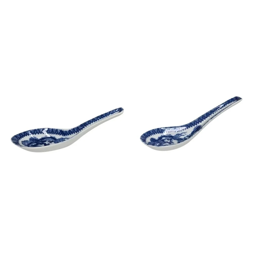 Set of 2 Vintage Blue White Asian Chinese Porcelain Soup Spoons Dragon Theme